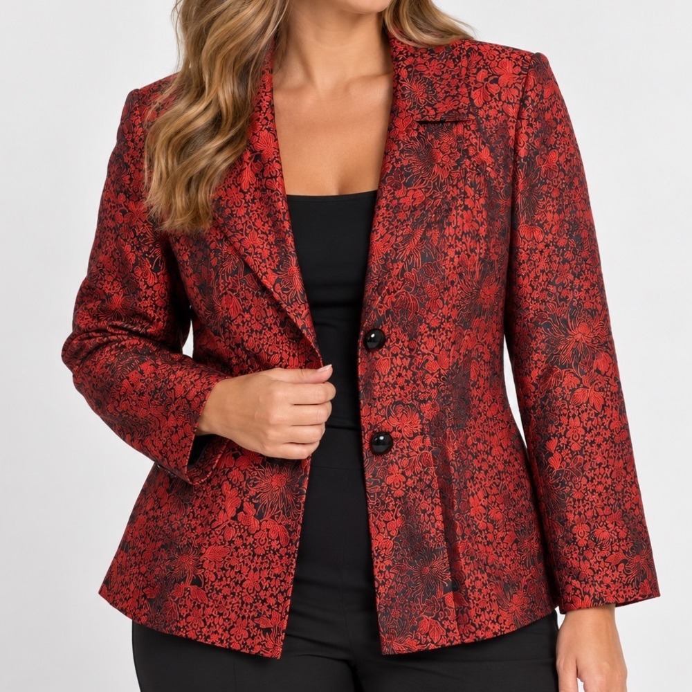 MSK Small SILK Red Black Floral Brocade Blazer Rayon Peplum Evening Jacket